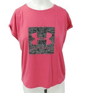 Under Armour Loose Fit Cropped Graphic T-Shirt Size S Cuffed Short Sleeve Coral